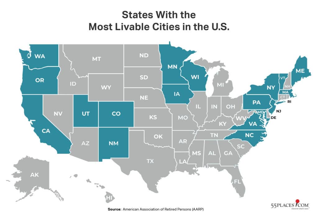A map highlighting the states with the most livable cities in the U.S. based on the AARP Livability Index™.
