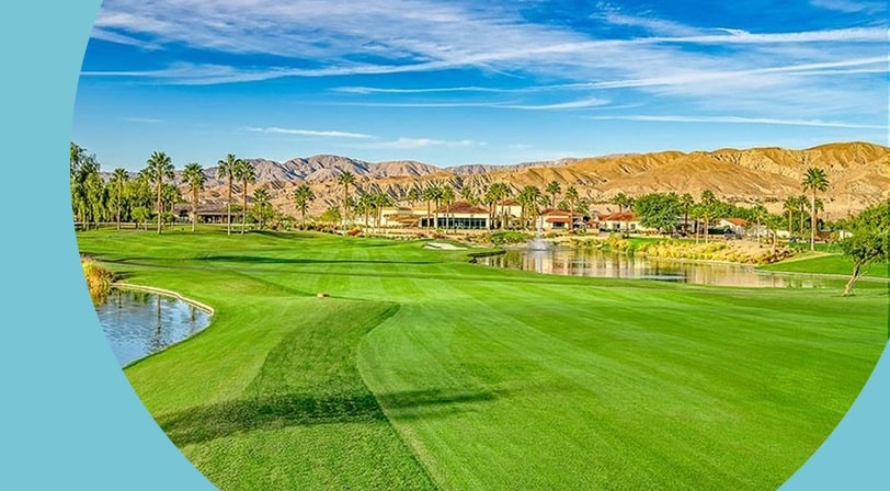 Golf course with mountain views at Sun City Shadow Hills, a 55+ community in Indio, California.