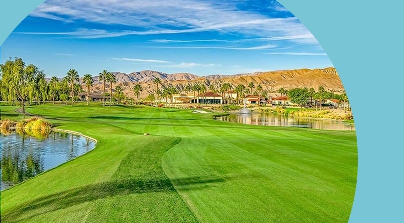 Golf course with mountain views at Sun City Shadow Hills, a 55+ community in Indio, California.