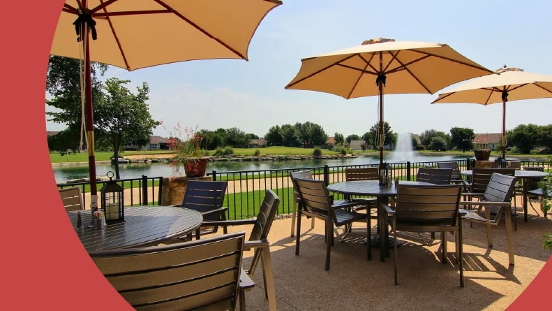 Table and chairs on an outdoor patio at Sun City Texas in Georgetown, Texas.