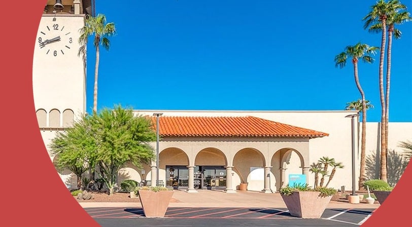 Clubhouse with clock tower at Sun City West, a 55+ community in Sun City West, Arizona.