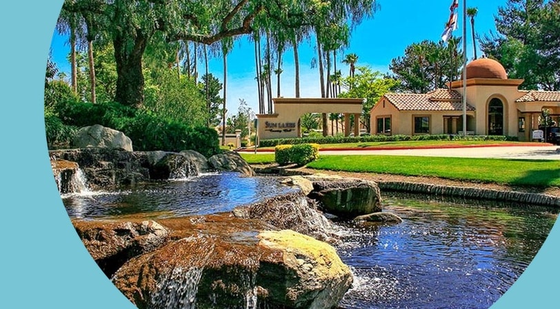 Waterfall and clubhouse at Sun Lakes Country Club, a 55+ community in Banning, California.
