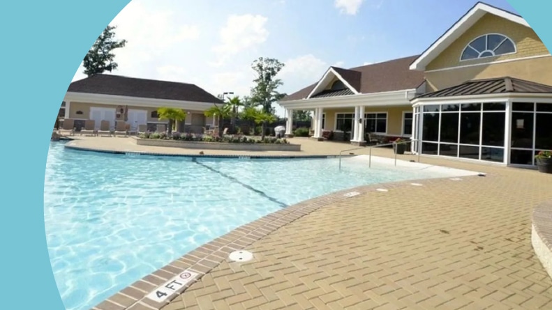 The outdoor pool at The Haven in Bluffton, South Carolina on a sunny day.