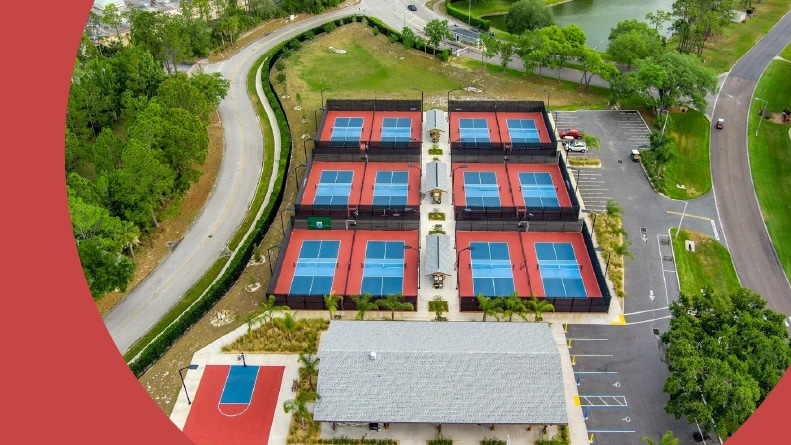 Aerial view of the sports courts at Timber Pines, a 55+ community in Spring Hill, Florida.