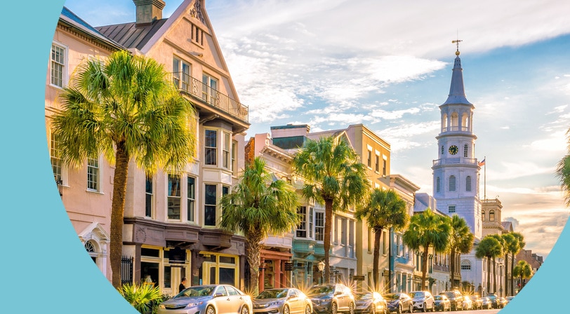 The historical downtown area of Charleston, South Carolina on a sunny day.