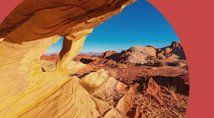 A red rock formation in Nevada on a sunny day.