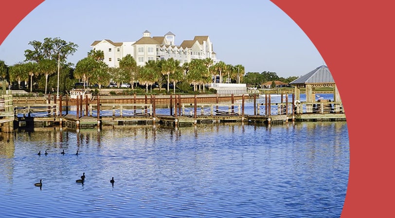 A dock on a pond on the grounds of The Villages in The Villages, Florida.