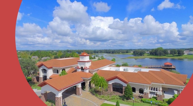 Aerial view of the clubhouse at Del Webb Orlando, a 55+ community in Davenport, Florida.