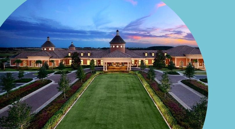 Aerial view of the entrance to Trilogy Orlando, a 55+ community in Groveland, Florida.