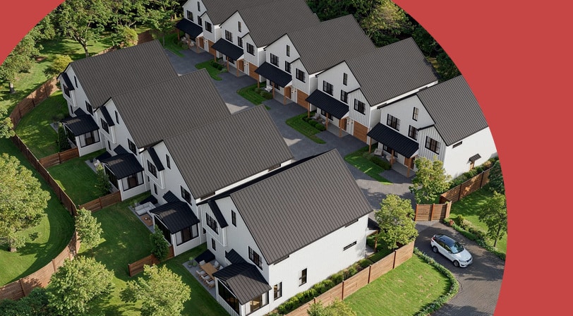 Rendering of an aerial view of homes at The Cottages at Wire Mill, a 55+ community in Stamford, Connecticut.