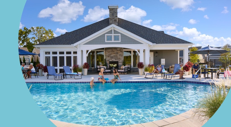 Rendering of residents enjoying the outdoor pool at The Courtyards at The Brooks, a 55+ community in Valparaiso, Indiana.