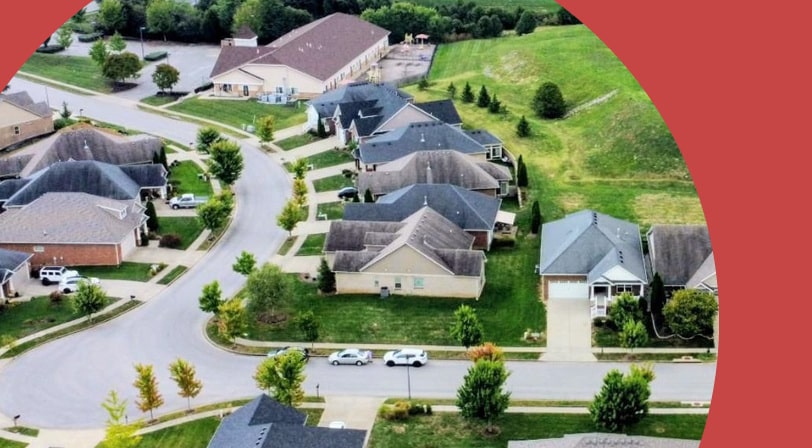 Aerial view of homes on a residential street in Ashgrove Woods, a 55+ community in Nicholasville, Kentucky.
