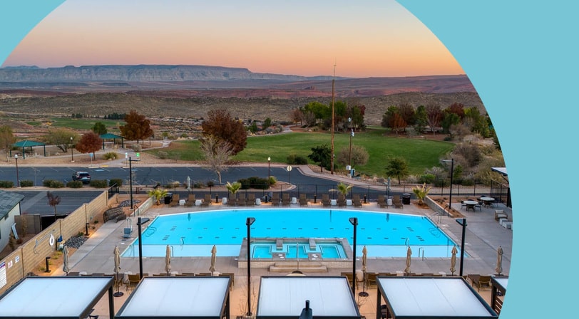 Aerial view of the outdoor amenities at Solis, a 55+ community in Washington, Utah.