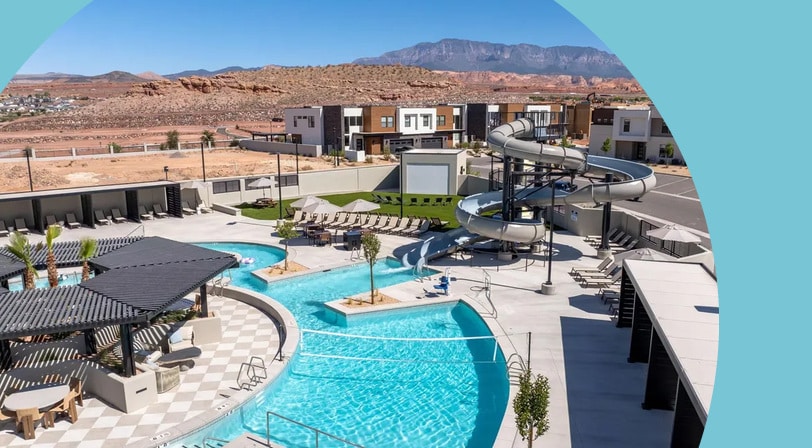Aerial view of the outdoor, resort-style pool at The Club, an active adult community in Washington, Utah.