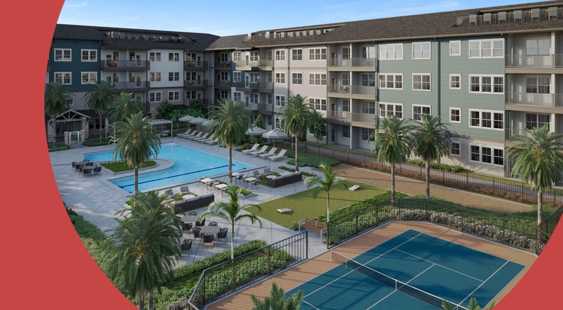 Rendering of the amenities and apartment homes at Mera at East Shore, a 55+ rental community in Apopka, Florida.