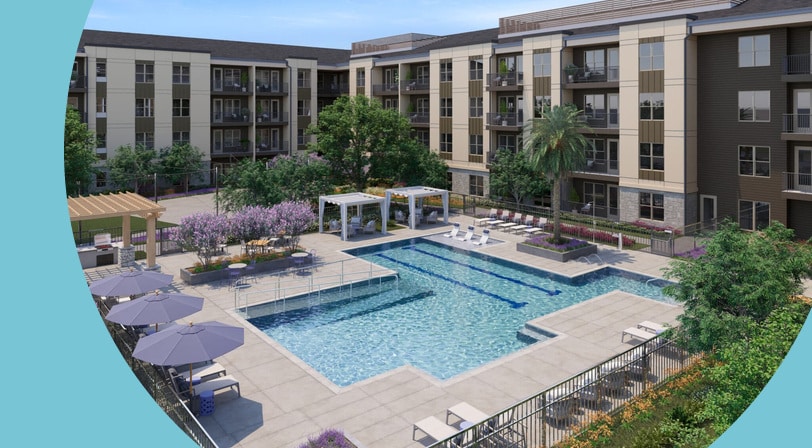 Rendering of the amenities and apartment buildings at Mera Lawrenceville, a 55+ rental community in Lawrenceville, Georgia.