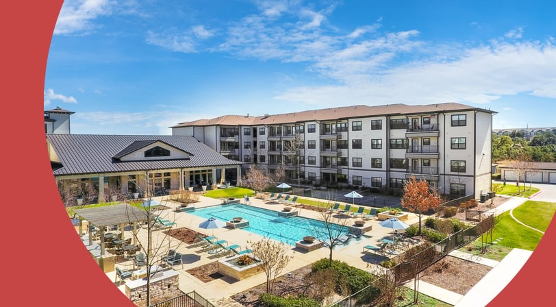 The outdoor amenities and apartment buildings at Solea Alamo Ranch, a 55+ rental community in San Antonio, Texas.