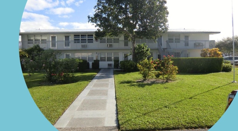 A residential building at Century Village at West Palm Beach, a 55+ community in West Palm Beach, Florida.