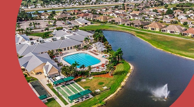 Aerial view of the homes and amenities at Kings Gate, a 55+ community in Port Charlotte, Florida.