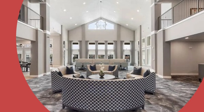 Interior view of the clubhouse at Solea Cinco Ranch, a 55+ rental community in Katy, Texas.