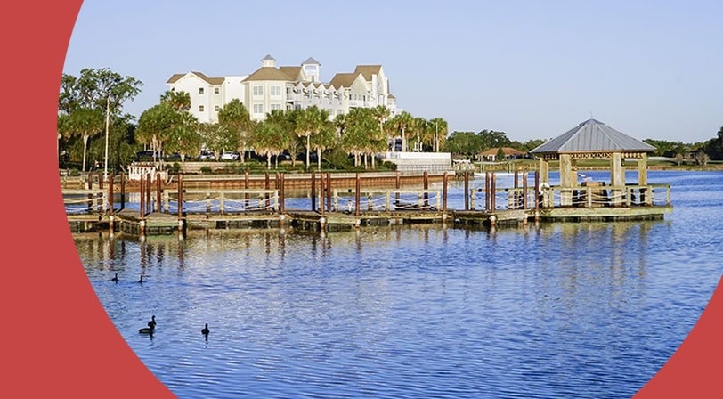 Boardwalk and lakefront homes at The Villages, a 55+ community in The Villages, Florida.
