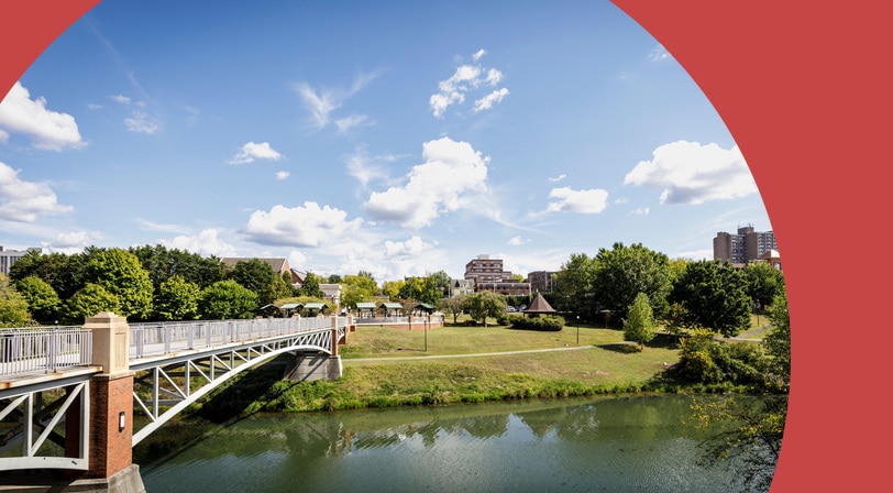 A white arched pedestrian bridge crossing a river into a Maryville, Tennessee greenway park, with picnic pavilions, walking paths, and downtown buildings beyond the treeline.