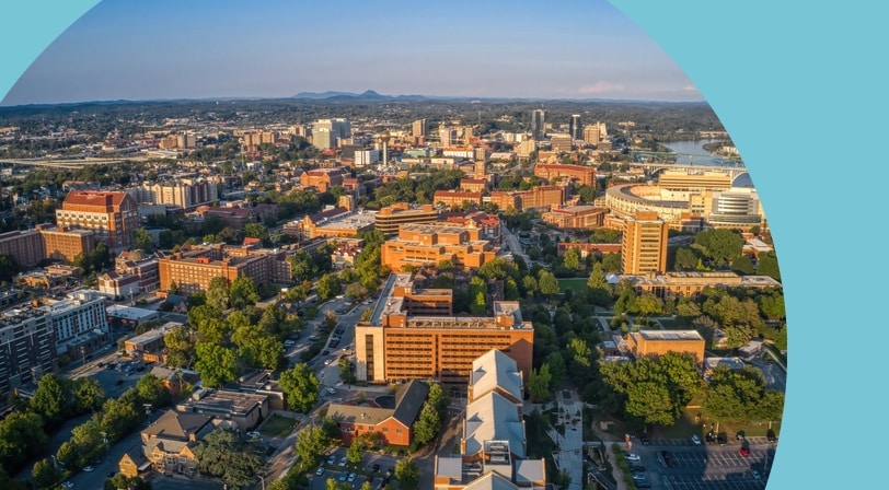 Aerial view of the University of Tennessee in Knoxville, Tennessee.