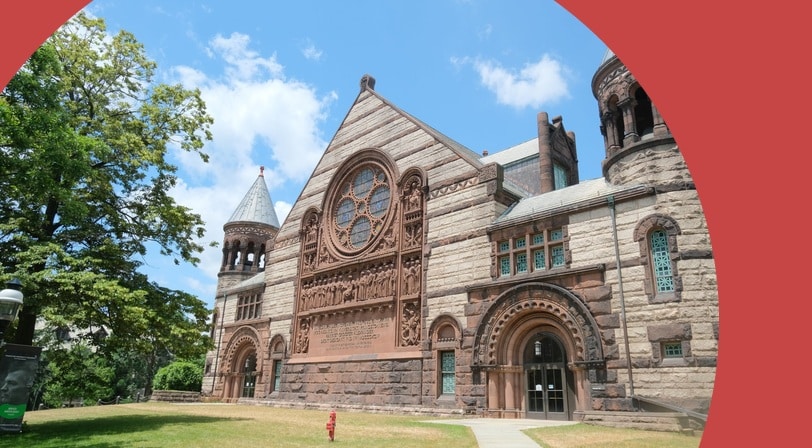 Exterior view of the Princeton University chapel on a sunny day.