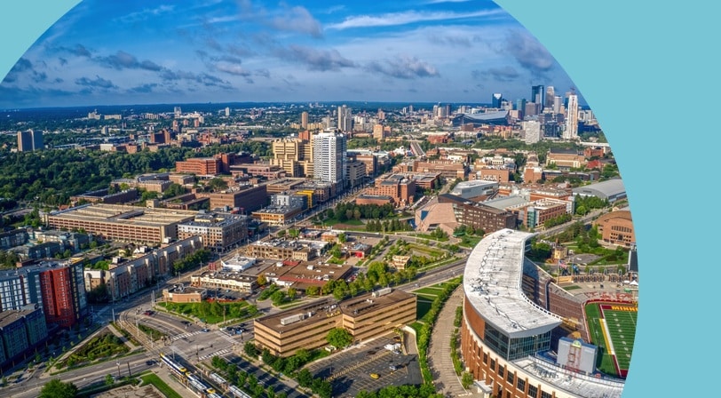 Aerial view of the University of Minnesota near Downtown Minneapolis, Minnesota.