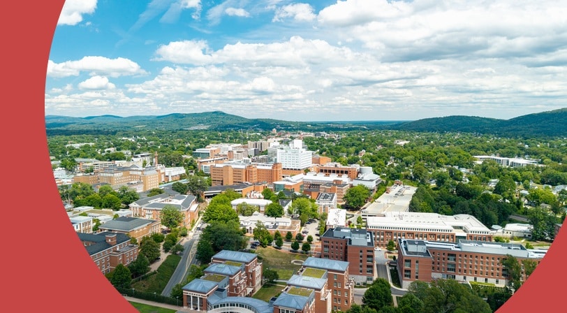 Aerial view of the University of Virginia campus and medical center complex in Charlottesville, Virginia.