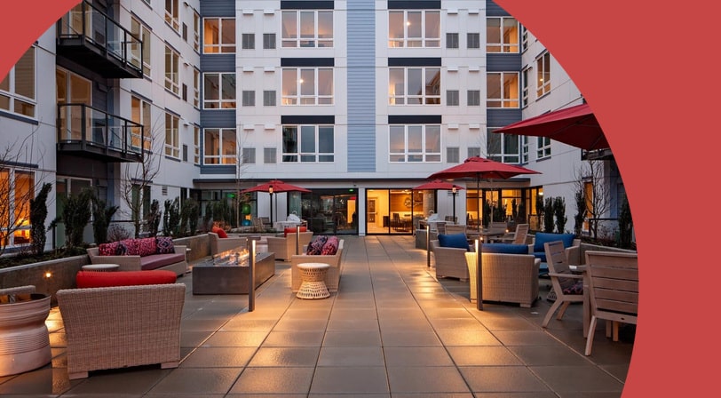 The courtyard at dusk at Mariblu Southcenter, a 55+ community in Tukwila, Washington.