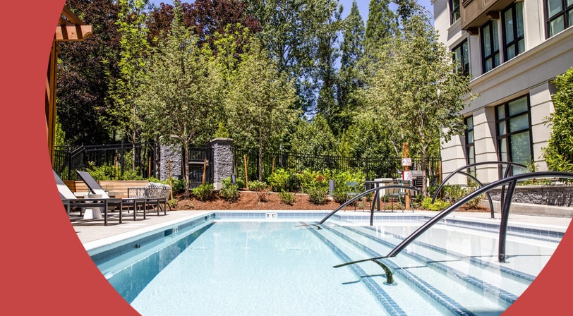 The outdoor pool and sun deck at Mercato Grove, a 55+ community in Lake Oswego, Oregon.