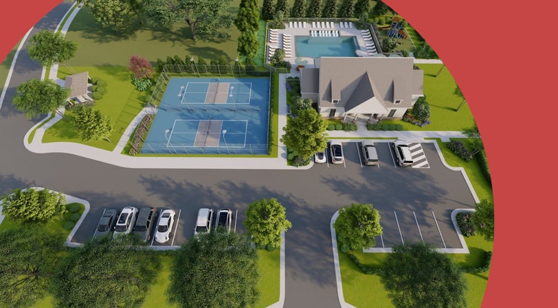An aerial rendering of the amenity center and pickleball courts at Ryland Park, a 55+ community in Athens, Georgia.