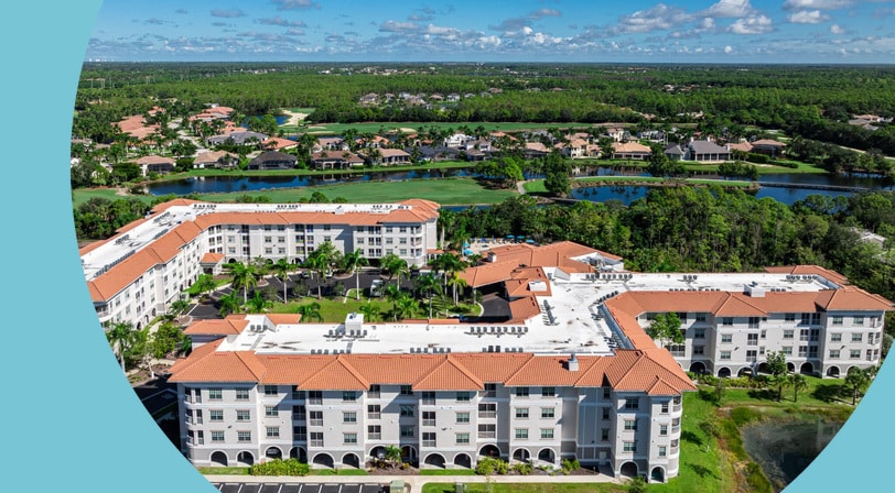 left An aerial view of the apartment buildings at Sandalwood Village, a 55+ community in Naples, Florida.