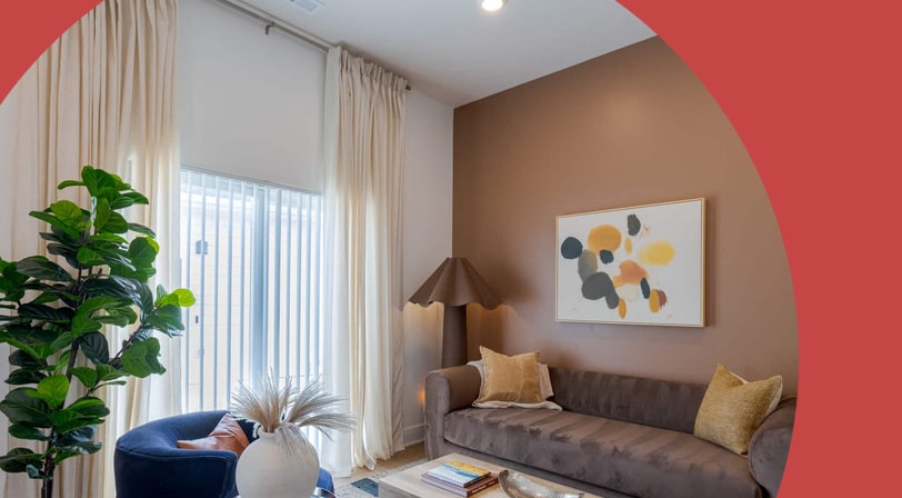 A staged living room in a rental home at The Collection at Elkhorn, a 55+ community in Elkhorn, Nebraska.
