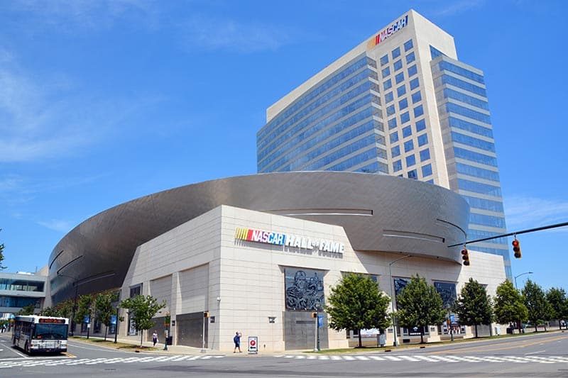 Exterior view of the NASCAR Hall of Fame in Charlotte, North Carolina.