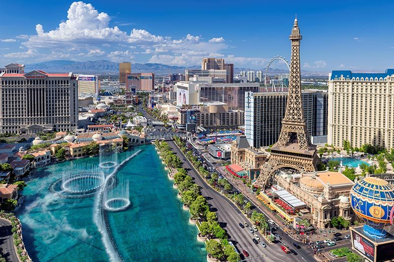 Aerial view of the Las Vegas Strip on a sunny day.