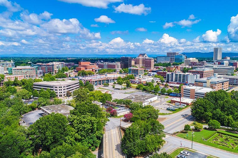 Aerial view of Main Street in Downtown Greenville in South Carolina