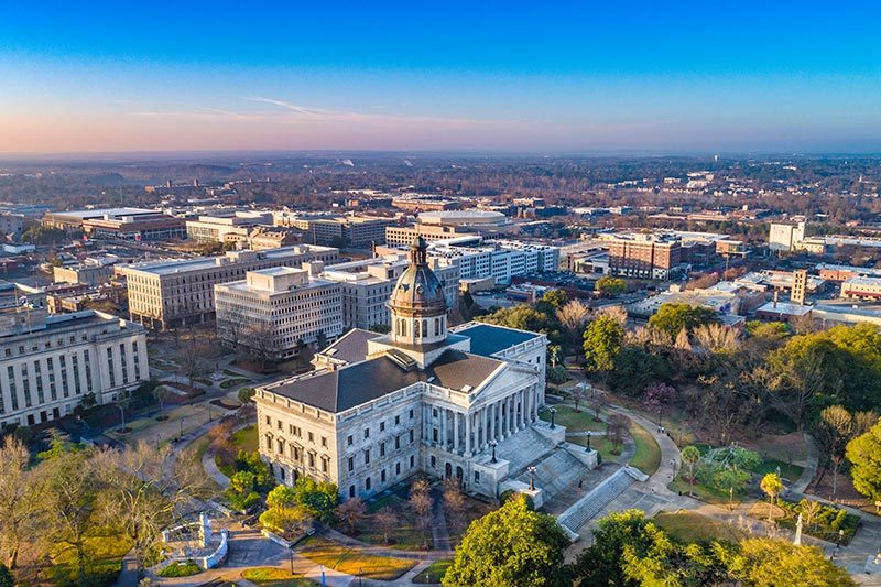 Aerial view of Downtown Columbia, South Carolina on a sunny day.