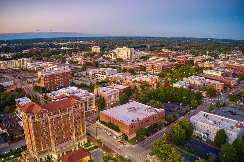 Aerial view of Spartanburg, South Carolina at dusk.