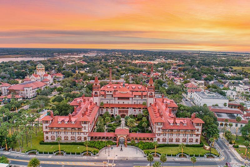 Aerial view of St. Augustine, Florida at sunset.