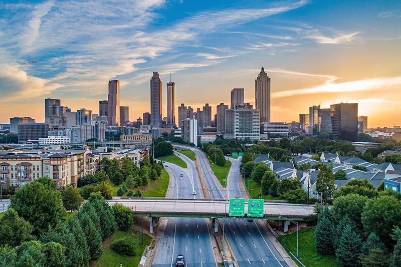 atlanta-georgia-downtown-aerial-view Aerial view of the Downtown Atlanta skyline at sunset.