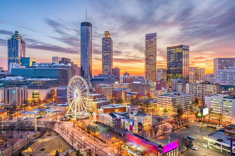 Twilight view of the Atlanta skyline.