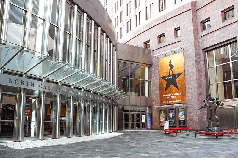 The front entrance of the Blumenthal Performing Arts Center in Charlotte, North Carolina.