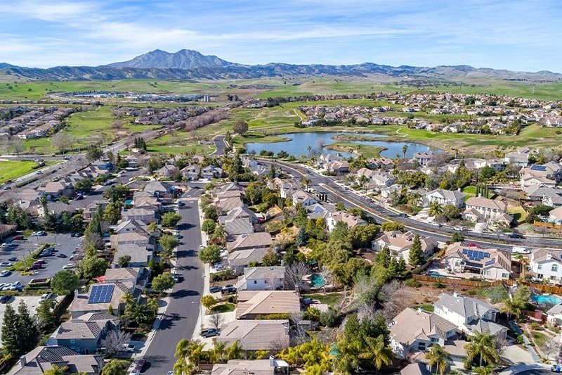 Aerial view of Brentwood with Mount Diablo in the distance.
