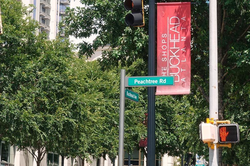 The street signs on the corner of Buckhead St. and Peachtree St., a famous location in Atlanta, Georgia.