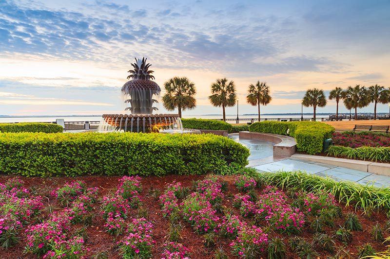 The pineapple fountain in the park along the waterfront of Charleston, South Carolina.