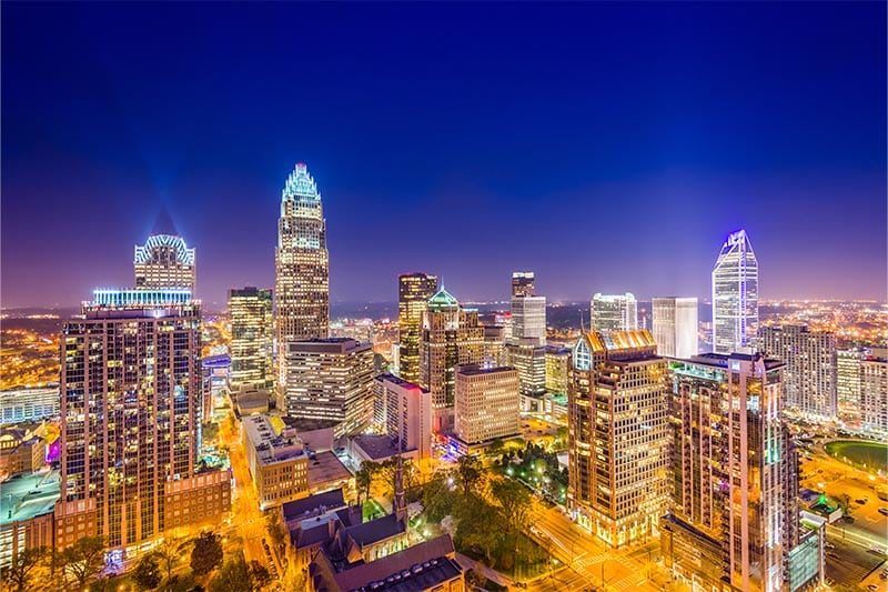 The uptown cityscape of Charlotte, North Carolina at night.