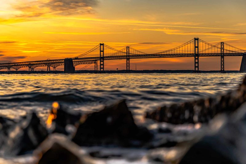 Sunrise over The Chesapeake Bay Bridge in Annapolis, Maryland.