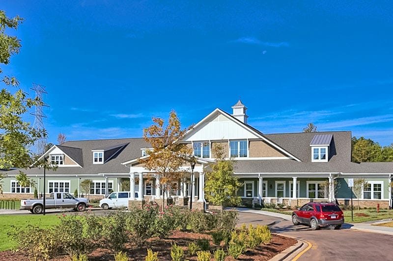Exterior view of the clubhouse and entrance to Creekside at Bethpage in Durham, North Carolina.